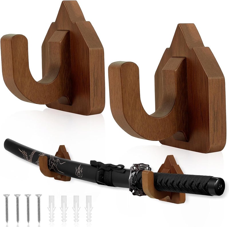 CharmFields Store Sword Wall Mount Display Hooks, Wooden Sword Holder Rack, Katana Display Stand and Hangers for Martial Arts Weapons, Wizard Wand, Knife, Axe, Dagger, Home and Office Decor - Reddish Brown - Image 1
